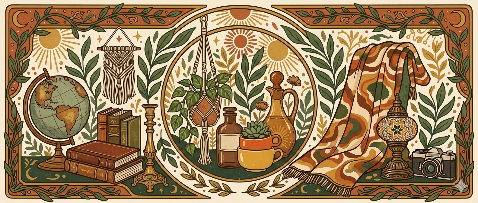 Decorative banner with vintage elements like books, globe, and plants.